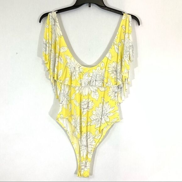 BP floral ruffle deep V neck bodysuit yellow white size XL NWT - Picture 4 of 7